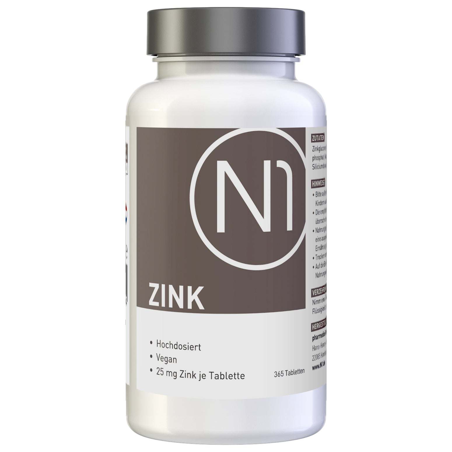 Vegane N1 ZINK Tabletten 25mg, hochdosiert, 365 Stück, aus deutscher Apotheke.