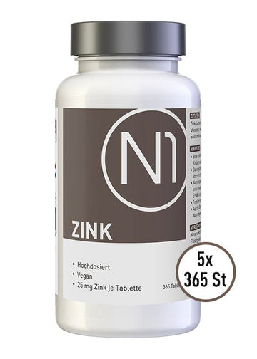 N1 ZINK Tabletten 25mg, vegan, hochdosiert, 5x365 Stück, hochwertige Apothekenqualität.