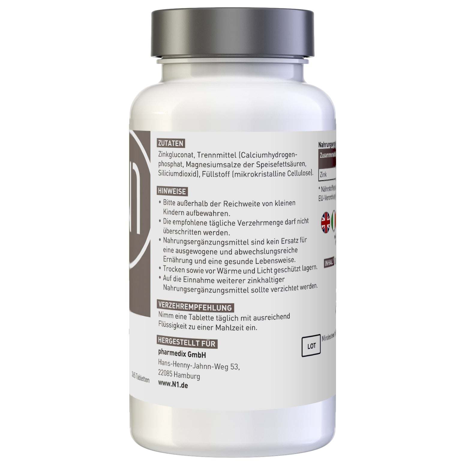 N1 ZINK 25mg, 365 vegane Tabletten in weißer Flasche, Nahrungsergänzungsmittel, Apothekenqualität.