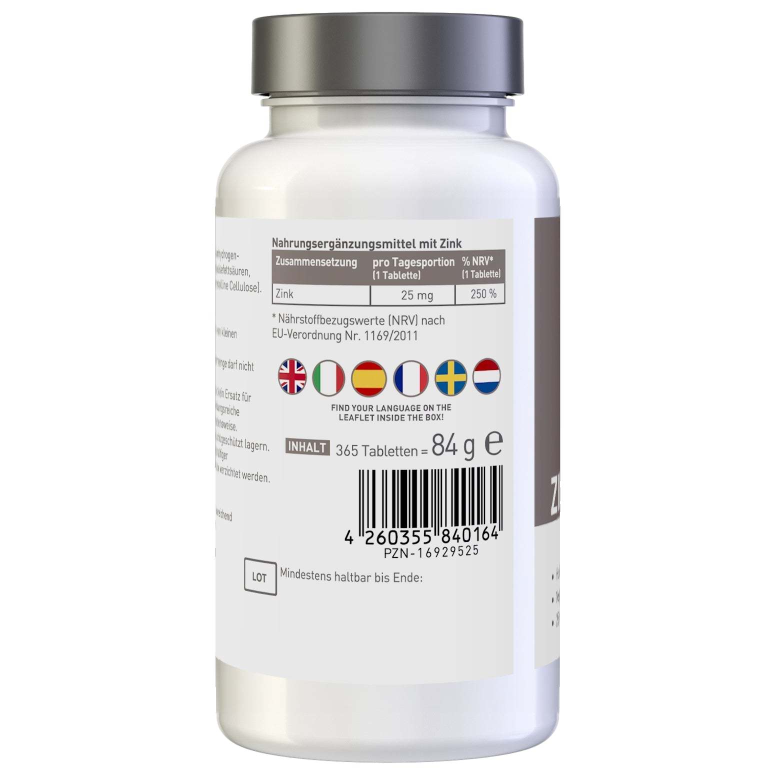 Vegane N1 ZINK 25mg Tabletten, 365 Stück, hochwertige Apothekerqualität, in Deutschland hergestellt.