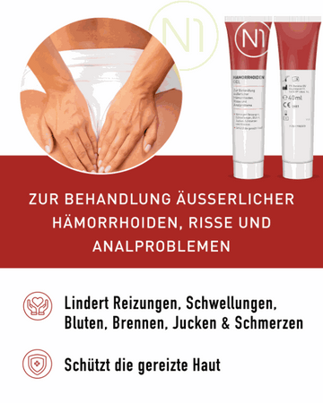 Hämorrhoiden Gel N1, 40 ml, zur Behandlung äußerlicher Hämorrhoiden und Analprobleme, lindert Reizungen und schützt gereizte Haut.