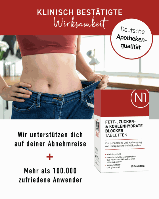 Klinisch bestätigte Wirkung von N1 Fett-, Zucker- & Kohlenhydrate Blocker Tabletten, deutsche Apothekenqualität, unterstützt Abnehmreise.