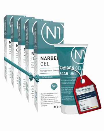N1 Narben Gel, transparentes Silikongel zur Narbenpflege, 95 g Tube vor Verpackungen.