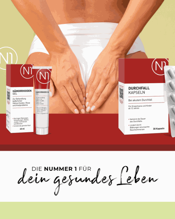 N1 Hämorrhoiden Gel und Durchfall Kapseln vor einer Frau, Tube und Verpackung als Fokus, Gesundheitspflege.