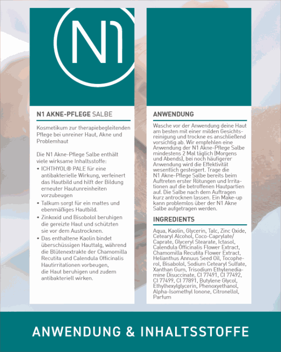 N1 Akne Pflege Salbe, 150ml, für unreine Haut und Akne, antibakteriell mit Ichthyol Pale, Zinkoxid und Kaolin, hergestellt in Deutschland.
