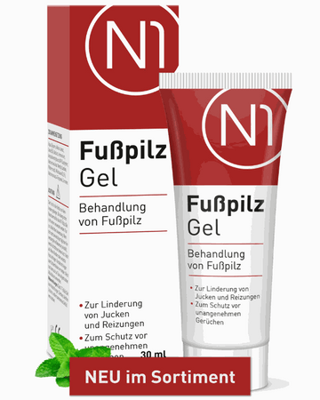N1 Fußpilz Gel 30 ml, wirksame Behandlung gegen Fußpilz, lindert Jucken und Reizungen, deutsche Apothekenqualität.