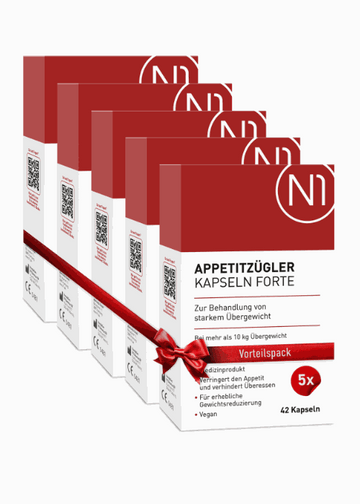 N1 Appetitzügler Forte Kapseln in roter Verpackung zum Abnehmen, 5er-Vorteilspack.