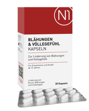 N1 Blähungen & Völlegefühl Kapseln, 30 Stück, zur Linderung von Blähungen und Bauchbeschwerden, Verpackung und Blister mit Kapseln.
