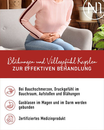 Blähungen & Völlegefühl Kapseln zur effektiven Behandlung von Bauchschmerzen und Druckgefühl.