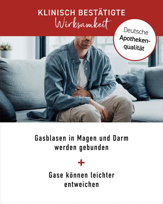 Klinisch bestätigte Kapseln zur Linderung von Blähungen und Völlegefühl, deutsche Apothekenqualität.