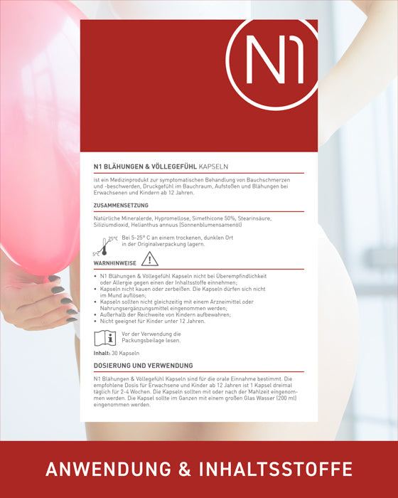N1 Blähungen & Völlegefühl Kapseln, 60 Stück - Medizinprodukt gegen Bauchschmerzen, Blähungen und Völlegefühl.