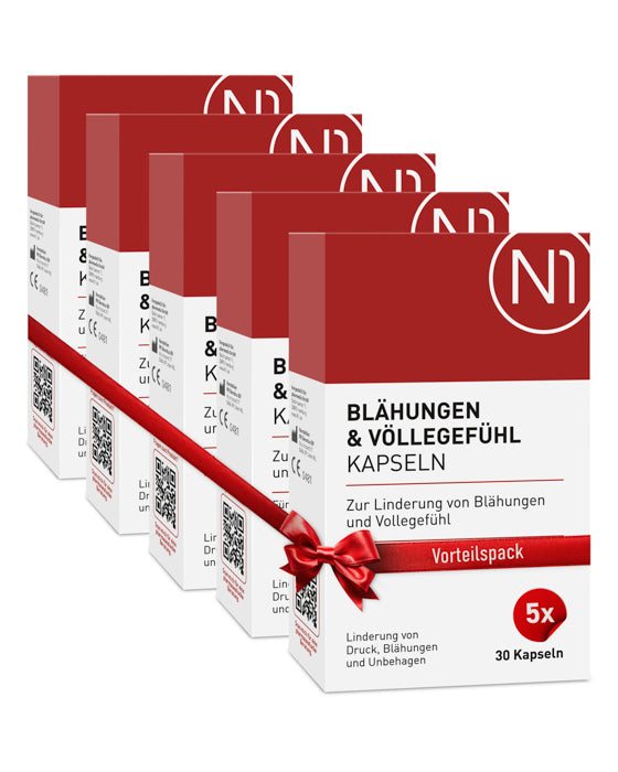 N1 Blähungen & Völlegefühl Kapseln, 150 Stück, zur Linderung von Bauchbeschwerden und Blähbauch.