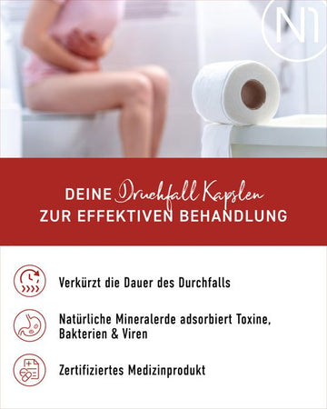 N1 Durchfall Kapseln zur effektiven Behandlung von Durchfall, Verkürzt die Dauer, Natürliche Mineralerde adsorbiert Toxine, Zertifiziertes Medizinprodukt.