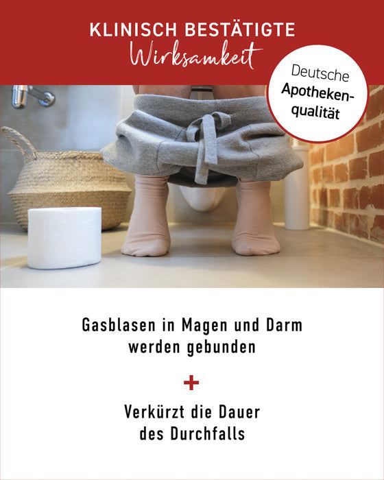 Klinisch getestete Wirksamkeit von N1 Durchfall Kapseln zur Linderung von Gasblasen und Verkürzung der Durchfalldauer, deutsche Apothekenqualität.