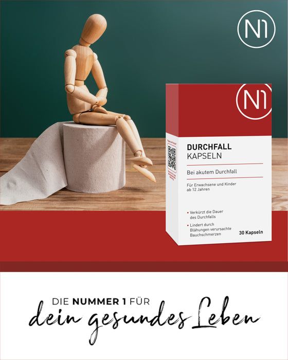 N1 Durchfall Kapseln bei akutem Durchfall, 60 Stück, lindernd bei Durchfallsymptomen, deutsche Apothekenqualität.