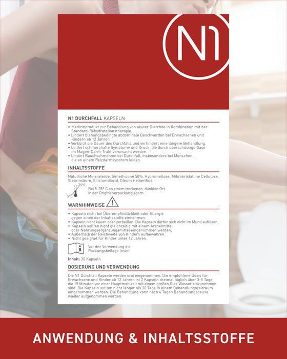 N1 Durchfall Kapseln Verpackung mit Anwendungshinweisen und Inhaltsstoffen.