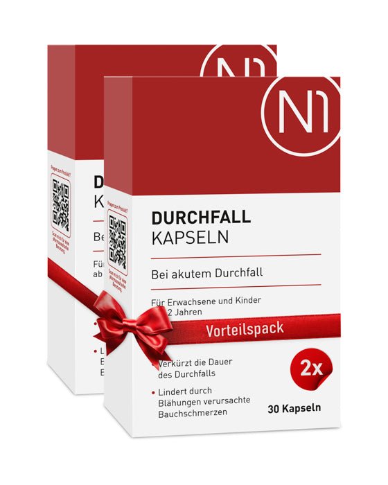 N1 Durchfall Kapseln, Medizinprodukt gegen akuten Durchfall, 60 Stück Verpackung.
