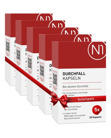 N1 Durchfall Kapseln, 5er Vorteilspackung, bei akutem Durchfall, Verbesserung der Symptome, Apothekenqualität.