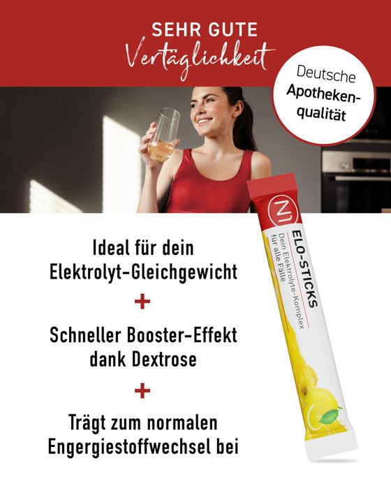 N1 Elo-Sticks Produkt in deutscher Apothekenqualität, fördert Elektrolyt-Gleichgewicht und Energiestoffwechsel.