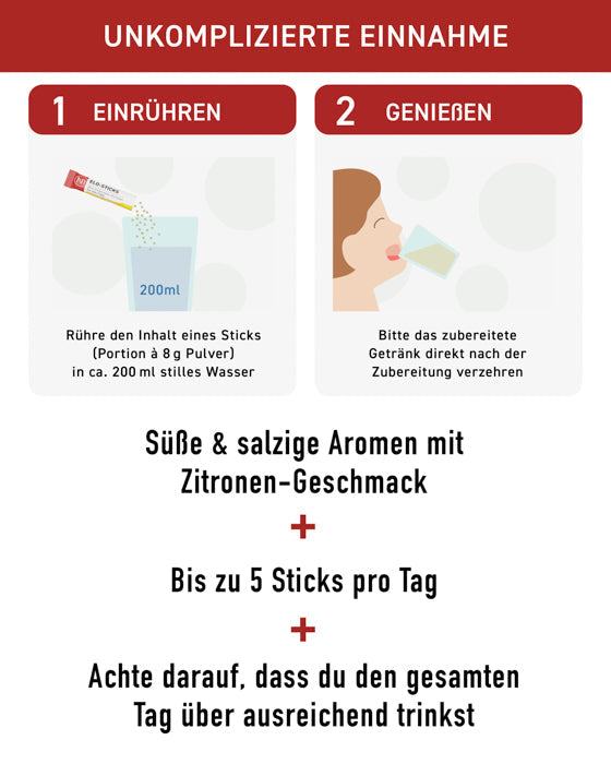 N1 Elo-Sticks Einnahmeanleitung mit 200 ml Wasser, süßen und salzigen Zitronen-Geschmack, bis zu 5 Sticks pro Tag.