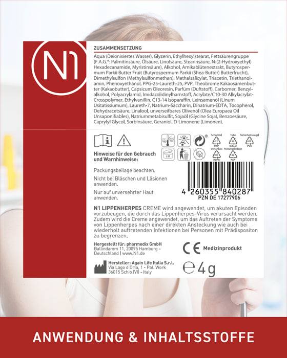 N1 Herpes Creme Packung mit Inhaltsstoffe und Anweisungen im Hintergrund; Fokus auf schnelle Linderung bei Lippenherpes.
