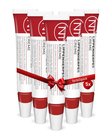N1 Herpes Creme mit Sofort-Effekt, Vorratspackung mit fünf Tuben á 20g in weiß-rotem Design.