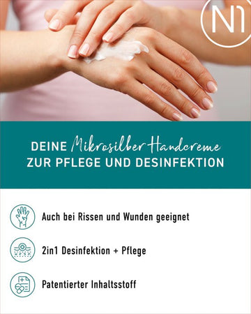 N1 Mikrosilber Handcreme, intensive Pflege und Desinfektion für trockene Hände, geeignet bei Rissen und Wunden, 2in1 desinfizierend und pflegend.