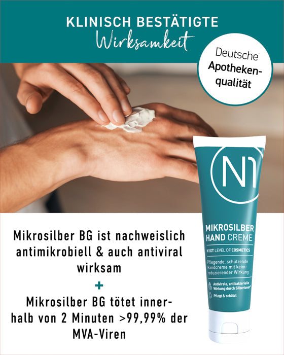 N1 Mikrosilber Handcreme, 100ml, intensive Handpflege mit Desinfektion, antimikrobielle Wirkung, deutsche Apothekenqualität.