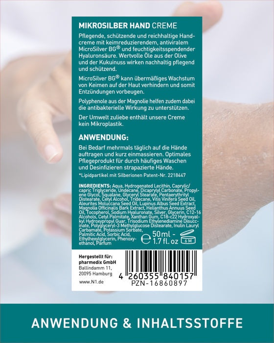 N1 Mikrosilber Handcreme 100ml, intensive Pflege und Desinfektion für trockene Hände, enthält MicroSilver BG, rückfettend, antibakteriell, antivirale Wirkung, feuchtigkeitsspendend.