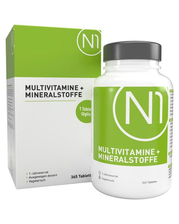 N1 Multivitamin hochdosiert, 365 Tabletten, Vitamin- und Mineralstoffkomplex, vegetarisch, deutsche Apothekenqualität.