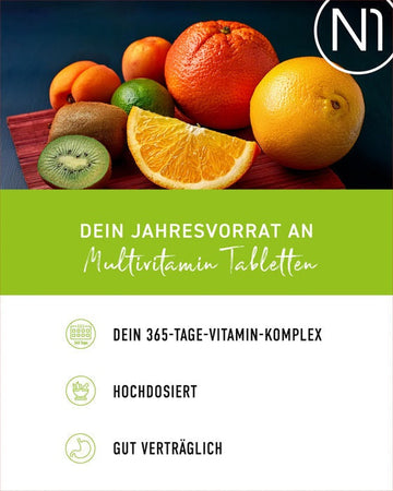 N1 Multivitamin hochdosiert, Jahresvorrat, 365-Tage-Vitamin-Komplex, hochdosiert, gut verträglich.