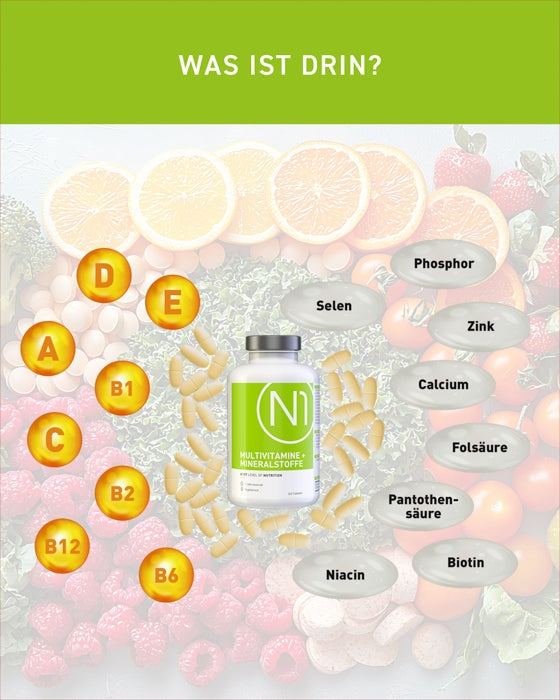 N1 Multivitamin hochdosiert, enthaltene Vitamine und Mineralstoffe, Abbildung der Tabletten und Inhaltsstoffe.