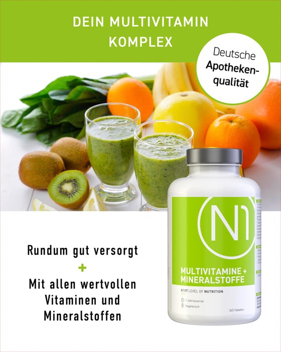 N1 Multivitamin hochdosiert, deutsche Apothekenqualität, mit Obst und Smoothies im Hintergrund.