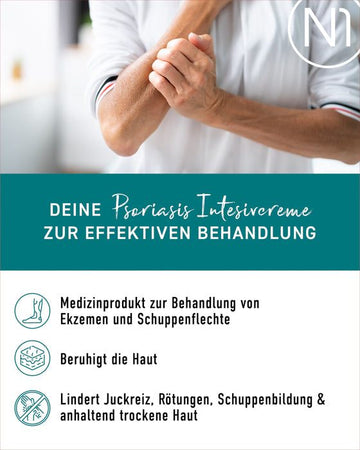 N1 Psoriasis Intensivcreme, Medizinprodukt zur Behandlung von Ekzemen und Schuppenflechte, beruhigt die Haut und lindert Juckreiz, Rötungen, Schuppenbildung, trockene Haut.