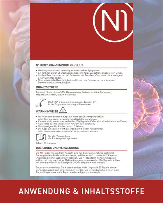 N1 Reizdarm Kapseln Packung mit Anwendungs- und Inhaltsstoffangaben.