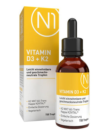 Vitamin D3 K2 Tropfen, 20ml Flasche mit Verpackung, leicht einnehmbar und geschmacksneutral.