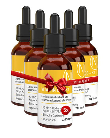 Vitamin D3 K2 Tropfen, 5x20ml Vorteilspackung mit Pipetten, für Vegetarier geeignet.