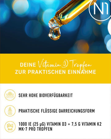 Vitamin D3 K2 Tropfen, hochdosiert, 1000 IE, 25 µg D3 und 7,5 µg K2, Bioverfügbarkeit, MCT-Öl, vegetarisch, Apothekenqualität.