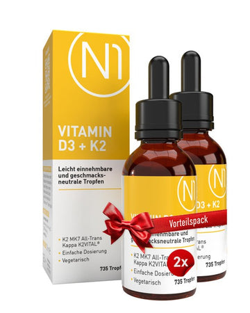 N1 Vitamin D3 K2 Tropfen, 2x20ml, leicht einnehmbar, geschmacksneutral, hohe Bioverfügbarkeit, für Vegetarier geeignet.