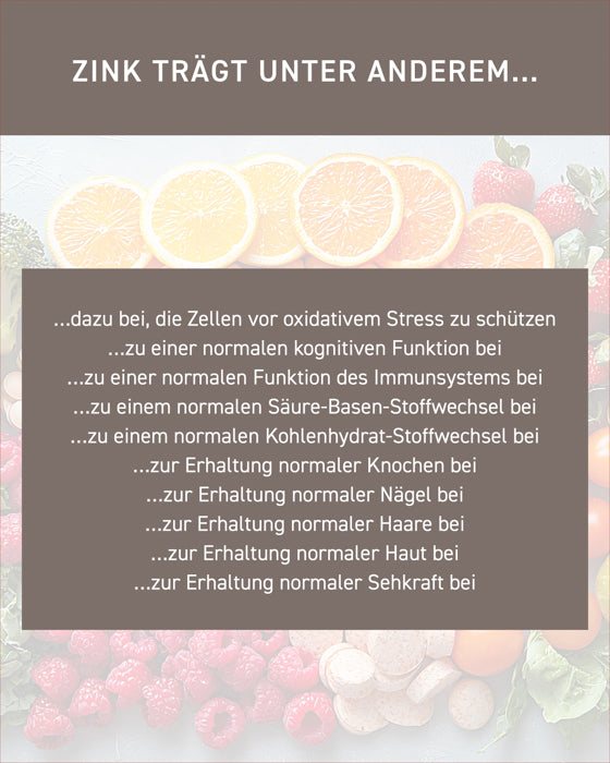 Nährwert von Zink zur Unterstützung der Zellgesundheit und kognitiven Funktionen.