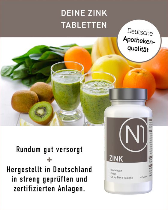 N1 ZINK 25mg vegane Tabletten, deutsche Apothekenqualität, hergestellt in Deutschland, hochdosiertes Zink, 365 Tabletten.