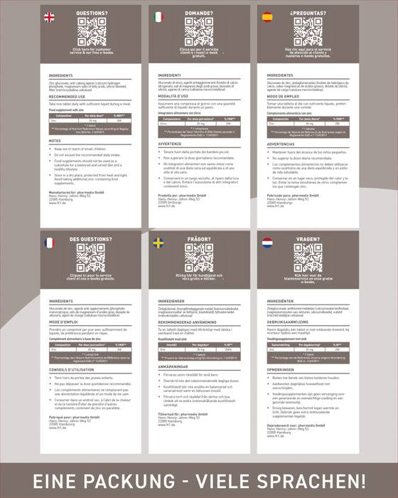 Verpackungsanleitung von N1 ZINK 25mg Tabletten in mehreren Sprachen.