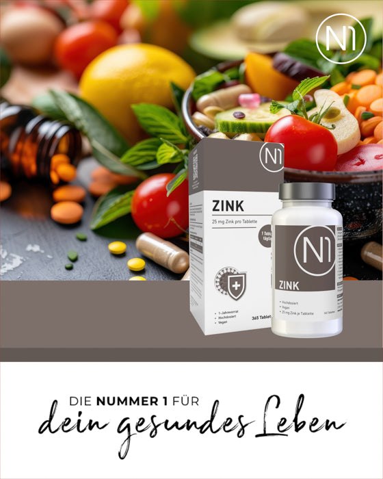 N1 ZINK 25mg Tabletten, vegane Zinkpräparate, Apothekenqualität, Bild von Verpackung und Flasche, optimal bioverfügbar.