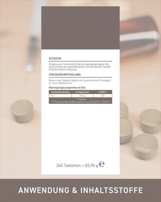 N1 ZINK 25mg Tabletten, vegan, 365 Stück, Verpackungsrückseite mit Zutatenliste und Verzehrempfehlung.