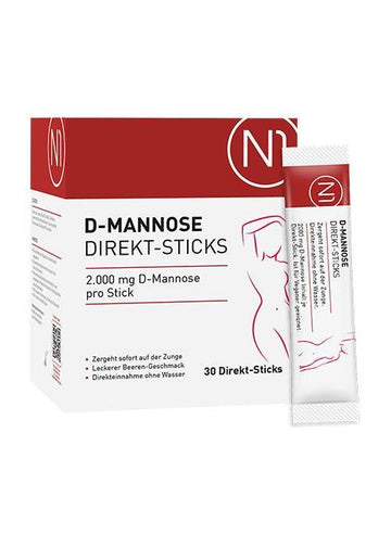 N1 D-Mannose Direkt-Sticks Packung mit Einzelstick, 30 St., natürliche pflanzliche D-Mannose, beeriger Geschmack, einfache Einnahme ohne Wasser.
