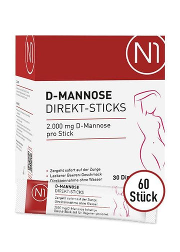 N1 D-Mannose Direkt-Sticks 60 Stück, pflanzlich, glutenfrei, laktosefrei, einfacher Verzehr mit Beerengeschmack.
