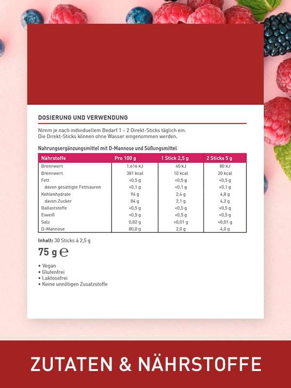 N1 D-Mannose Direkt-Sticks, 90 St. Vorteilspack, Zutaten und Nährstoffe, vegan, glutenfrei, laktosefrei, Beerengeschmack.