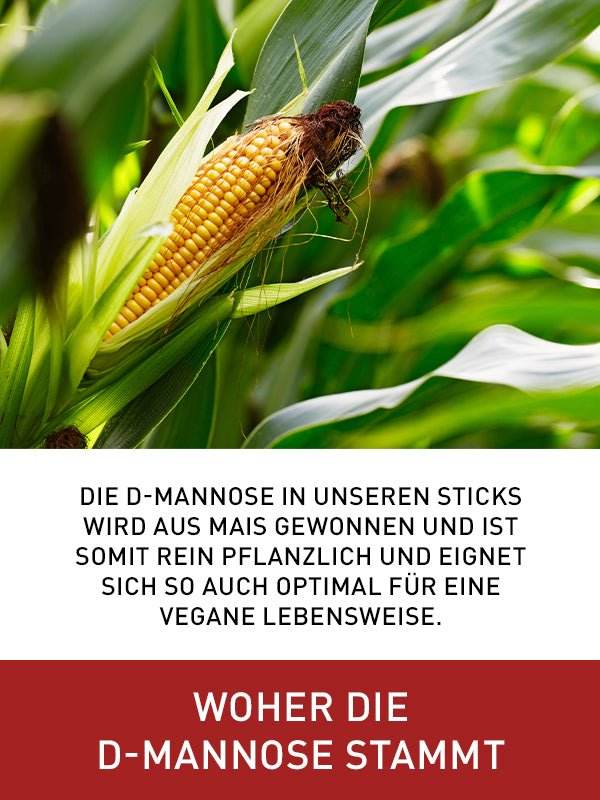 N1 D-Mannose Direkt-Sticks aus Mais, rein pflanzlich, für vegane Ernährung geeignet.