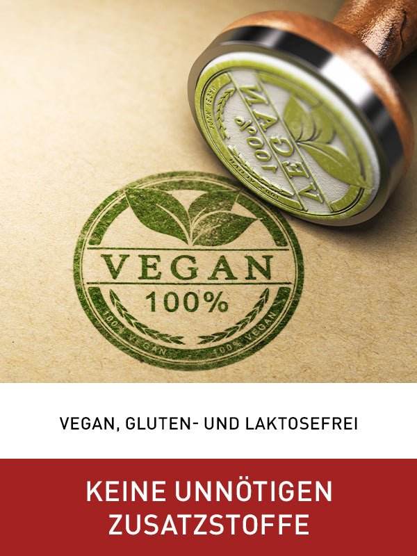 Vegan-Siegel auf Verpackung der N1 D-Mannose Direkt-Sticks, vegan, gluten- und laktosefrei, ohne unnötige Zusatzstoffe.