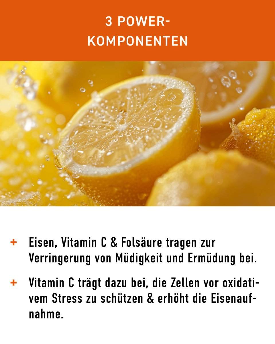Eisen- und Vitamin-C-Tabletten mit Phosphosome-Technologie zur Verbesserung der Eisenaufnahme und Verringerung von Müdigkeit.